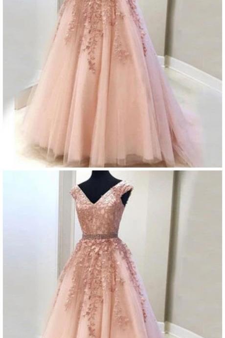 Pink V Neck Tulle Lace Long Prom Dress, Lace Evening Dress