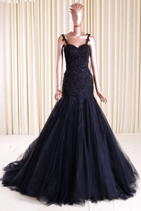 Lace Appliqués Sweetheart Spaghetti Straps Floor Length Tulle Trumpet Dress, Formal Dress, Prom Dress