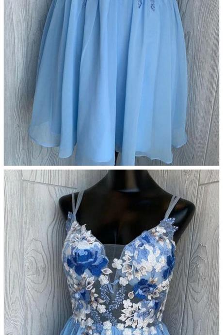 Blue V Neck Chiffon Lace Short Prom Dress Blue Homecoming Dress