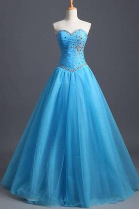 Charming Prom Dress,ball Gown Tulle Blue Prom Dresses, Beading Evening Dress, Backless Prom Dresses, Floor Length Prom Dress