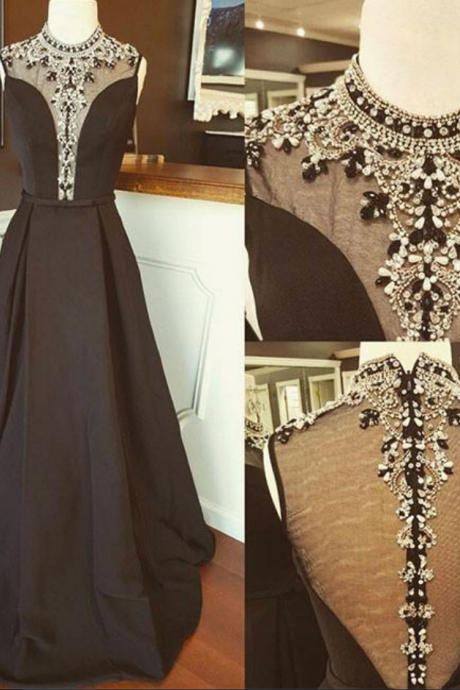 Crystal Black Prom Dress, High Neck Formal Dress,evening Dress, Beaded Long Evening Dress