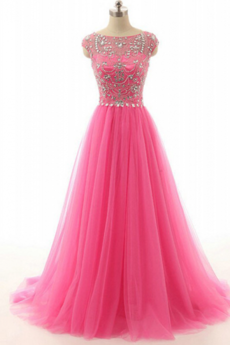 High Quality Formal Dresses,handmade Beading Tulle Long Prom Dresses,charming Pink A-line Evening Gowns