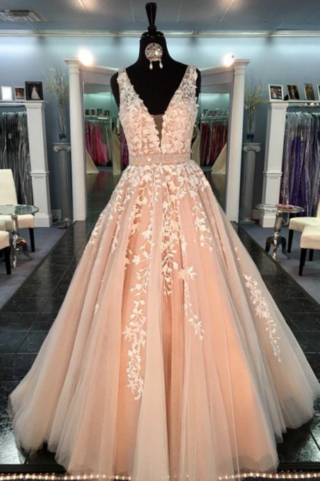 Champagne Prom Dresses,prom Dresses 2017,lace Prom Dresses,appliqued Tulle Formal Evening Gowns