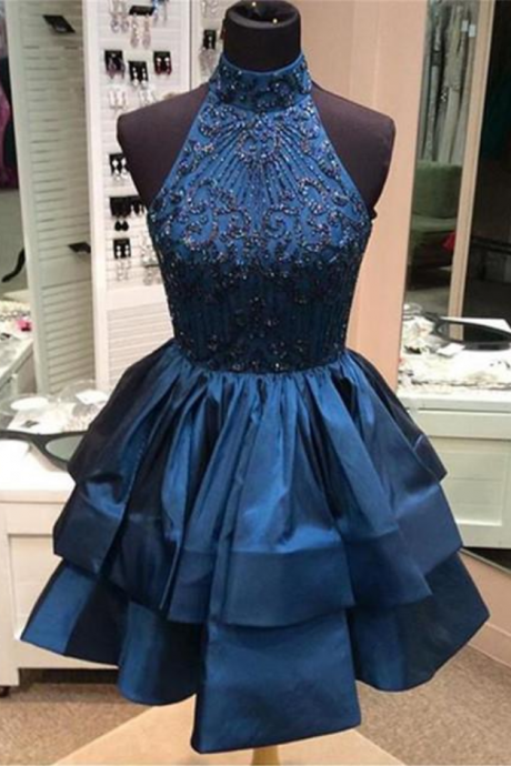 Cute High-neck Sequin Beaded Short Blue Prom Dresses, Blue Homecoming Dresses,