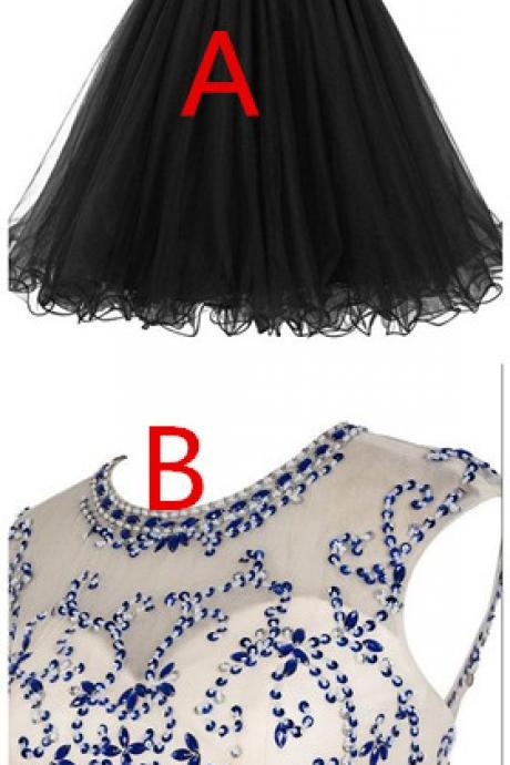 Custom Made Round Neck Cap Sleeves Beading Black Short Prom Dresses Royal Blue Homecoming Dresses,