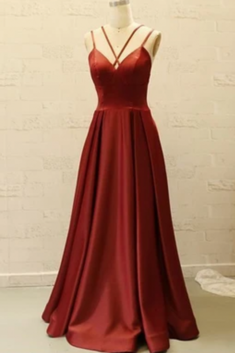 Simple Prom Dress, Dark Red Satin Prom Dresses