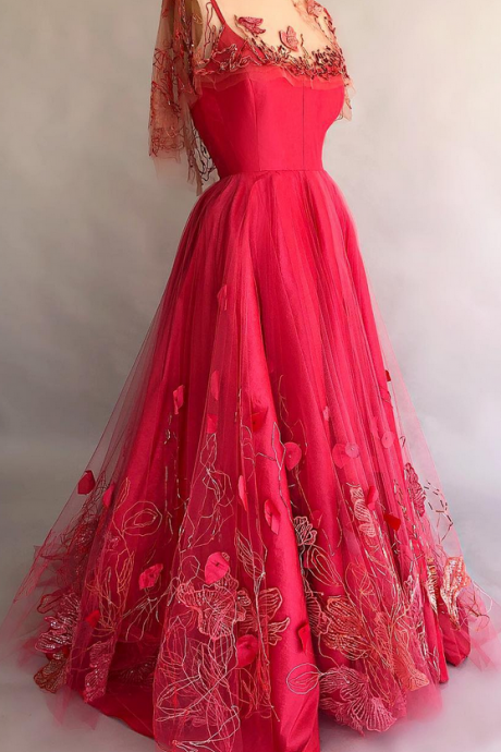 Red Applique Long Evening Dresses With Half Sleeve,