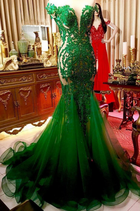 Green Lace Tulle Long Prom Dress, Green Lace Evening Dress,