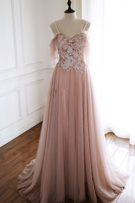 Unique Pink Tulle Lace Long Prom Dress, Pink Evening Dress,