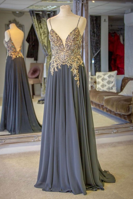 Charcoal Gray Lace Beads Chiffon Long Prom Dress, Evening Dress