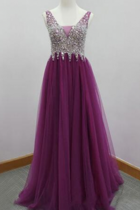 Tulle A-line Prom Dress,long Evening Dress,beading Prom Dress ,charming Prom Dress,