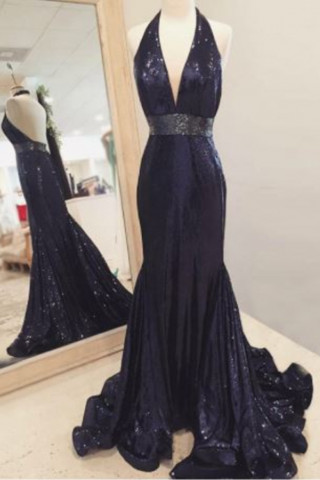 Mermaid Halter Backless Sweep Train Navy Blue Sequined Prom Dress With Ruffles,