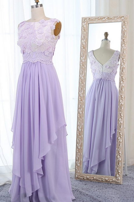 Unique Lilac Chiffon Ruffles Long Lace Applique Prom Dress,