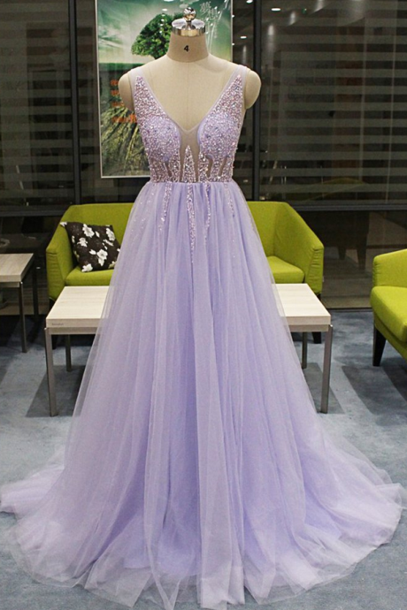Lavender Tulle V Neck Long Beaded Open Back Evening Dress,
