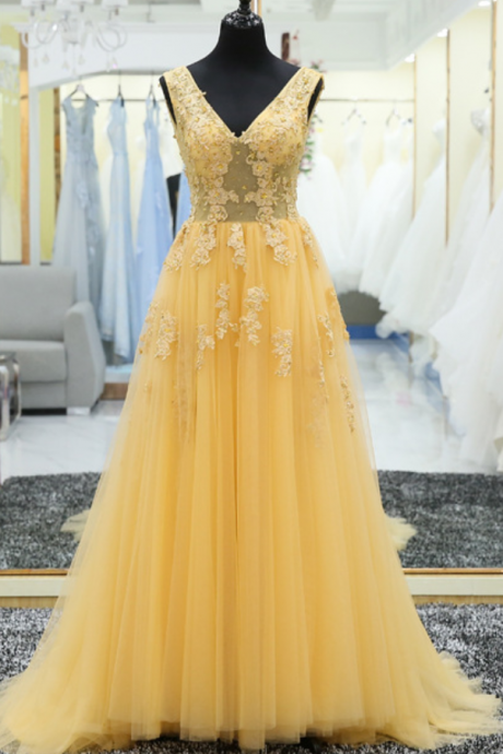 V Neck Lace Applique A Line Lace Up Back Yellow Long Prom Gown Formal Evening Party Dress