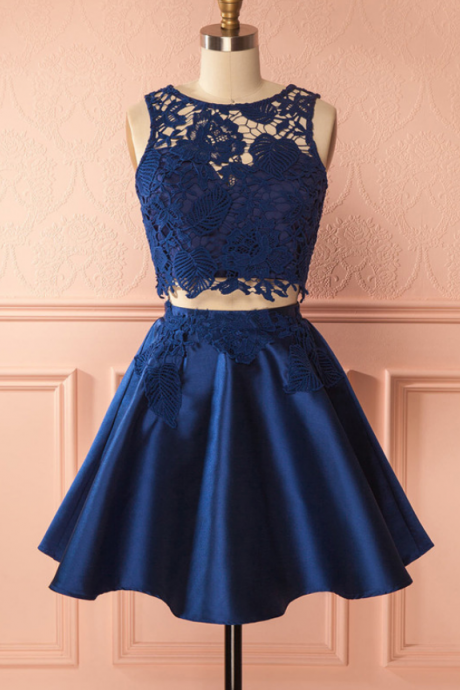 Cute Two-piece Round Neck Navy Blue Short Homecoming Party Dress With Lace