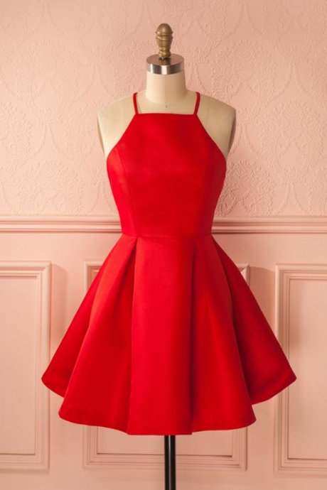 Sexy A-line Spaghetti Straps Satin Red Homecoming Dress With Pleats,prom Dress,homecoming Dresses