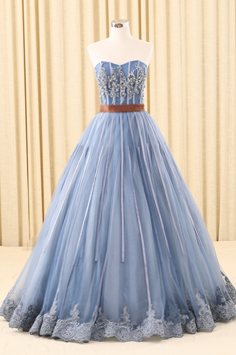 Blue Sweetheart Neckline Long Tulle Prom Dress With Beading,evening Dresses