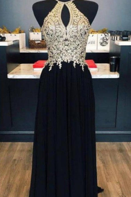 Black Beaded High Neck Prom Dress,split Formal Dress,evening Dresses