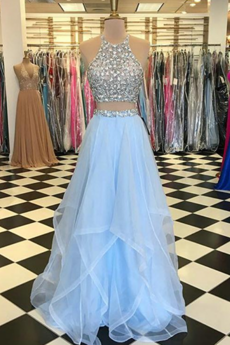 Light Blue Prom Dresses With Pearls Beaded Rhinestones Tulle Ruffles Two Piece Prom Dress