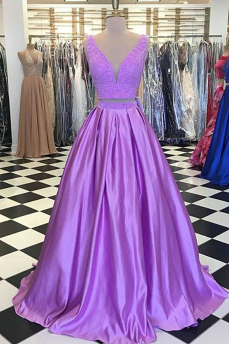 Light Purple Two Piece Prom Dress with V Neckline ,Elegant Prom Gowns with Beadings