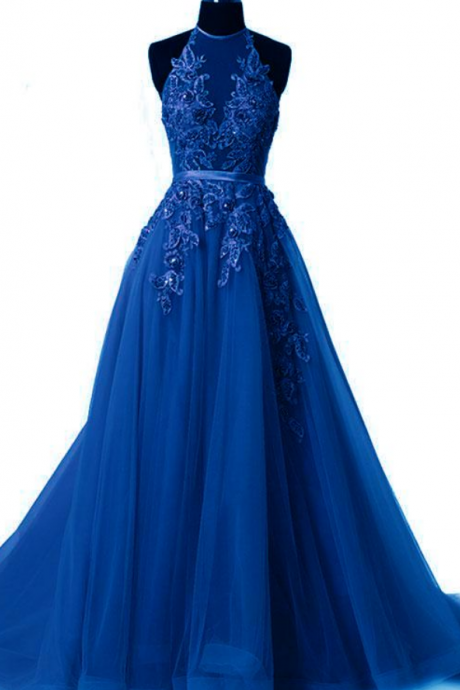 Modest Royal Blue Prom Dresses, Unique Party Dresses With Lace, Elegant Evening Gowns With Appliques
