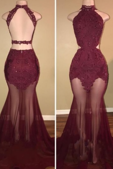 Sexy High Neck Burgundy Mermaid Long Prom Dress With Open Back