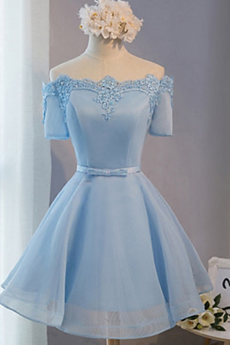 Elegant Off The Shoulder Lace Satin Short Prom Dresses, Baby Blue Prom Dress, Short Sleeves Homecoming Dress, Cocktail Party Dress, Short
