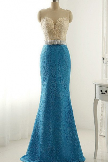 Royal Blue Lace See-through Round Neck Slim Mermaid Long Evening Dresses,formal Dresses
