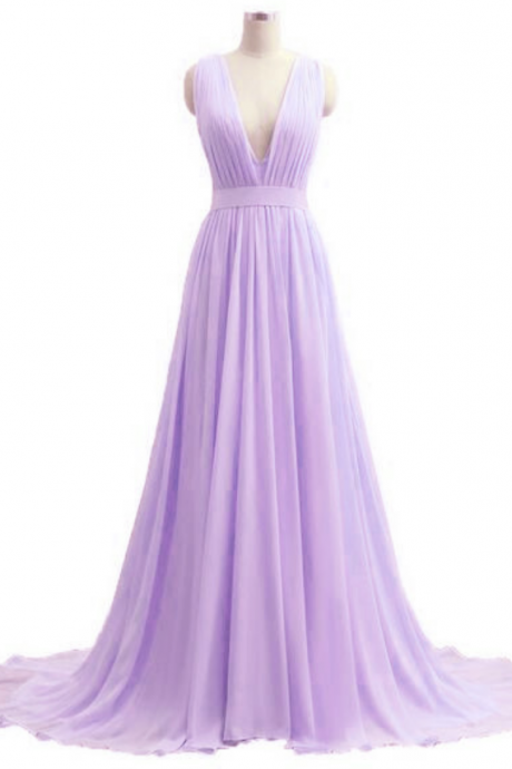 Beautiful V-neckline Chiffon Lavender Long Prom Dress, Custom Lavender Party Dresses, Long Prom Dresses