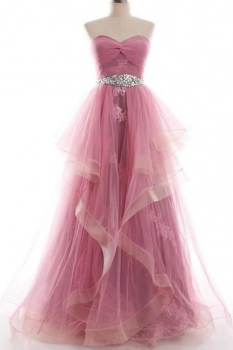 Custom Pink Beading Prom Dress ,sleeveless Long Evening Party Dresses