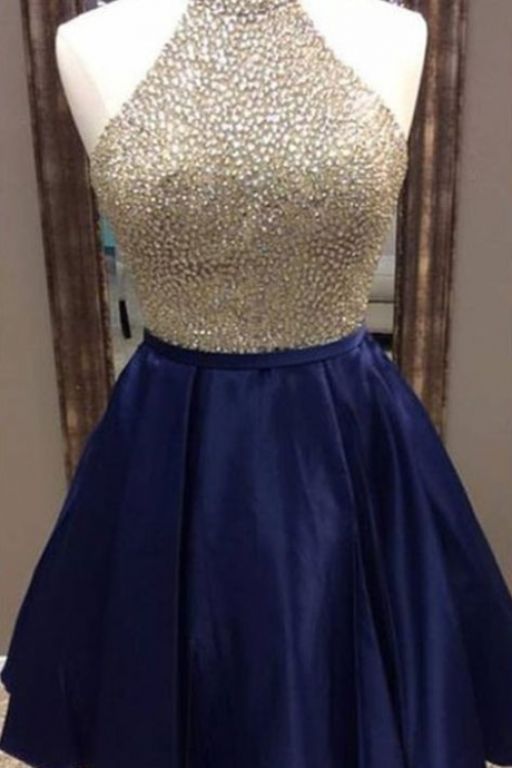 Dark Blue Satins Beading Sequins Homecoming Dress,halter A-line Short Prom Dresses ,club Dresses