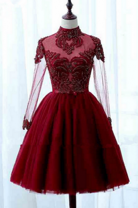 New design neck long sleeve homecoming dresses,lace Up open knee tiny red dress cocktail ,homecoming dress,party dress