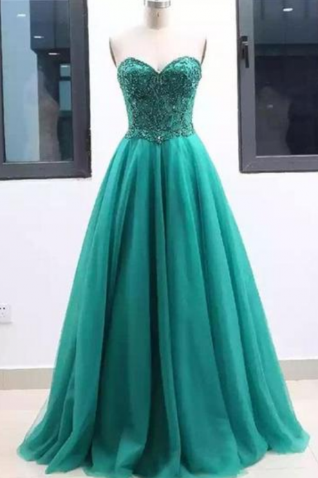 Sweetheart Green Tulle Long A Line Prom Dress, Green Evening Dress