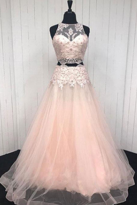 Elegant Pink V Tulle Two Piece Long Prom Dresses, Pink Lace Appliqué Homecoming Dress,evening Dresses