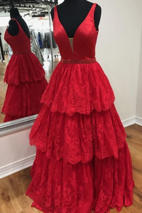 Red Satin Prom Dresses,lace Evening Dress,a-line Prom Dress , Long Evening Dress, Charming Prom Dresses