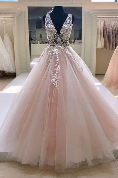 Pink V Neck Tulle Wedding Dress,lace Long Prom Dress, Pink Evening Dress