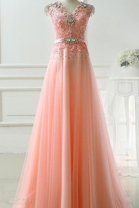 Pink Tulle Handmade High Quality Long Prom Dress, Pink Formal Dress, Prom Gowns, Evening Dresses