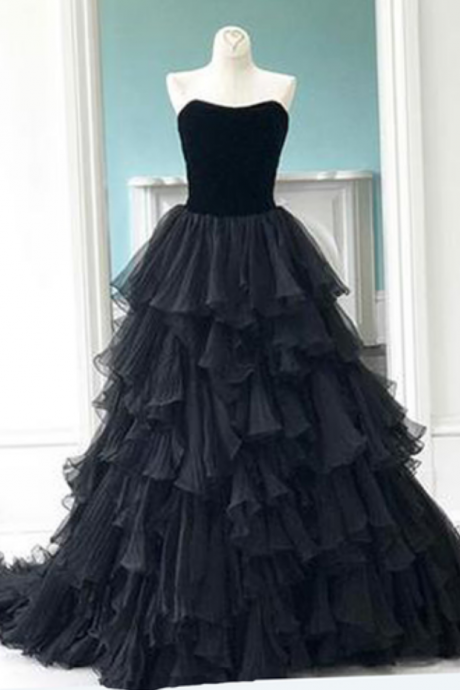 Princess Black Tulle Evening Dresses,sweetheart Neck Long Multi-layer Evening Dress, Prom Gown