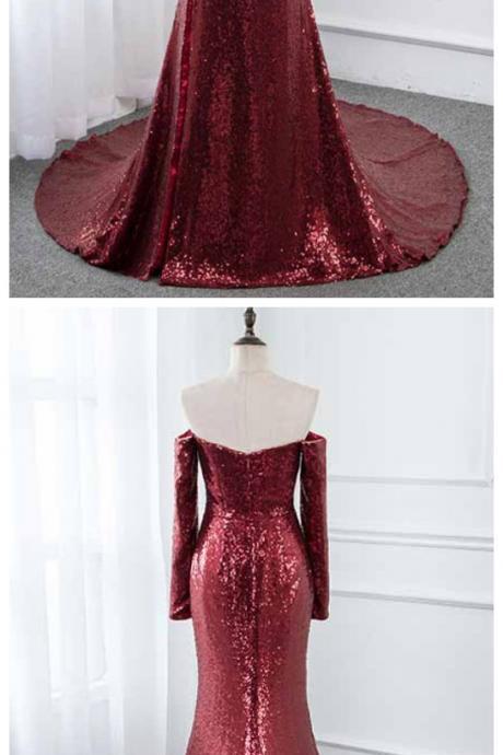 Ruby Outfit Burgundy Long Prom Dresses Off The Shoulder Full Sleeve Formal Evening Gown Dress