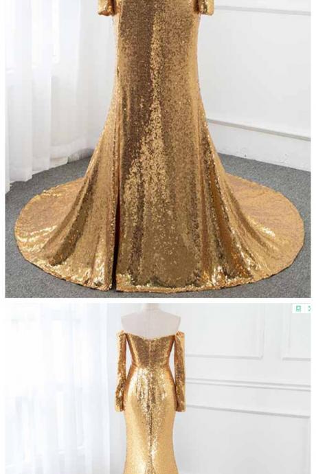 Ruby Outfit Gold Sequins Long Sleeve Prom Dresses Formal Evening Gown Dress