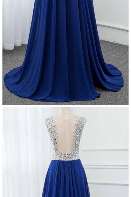 Ruby Outfit Royal Blue Crystals Long Prom Dresses 2020 Chiffon Split Left See Through Back Vestido De Festa