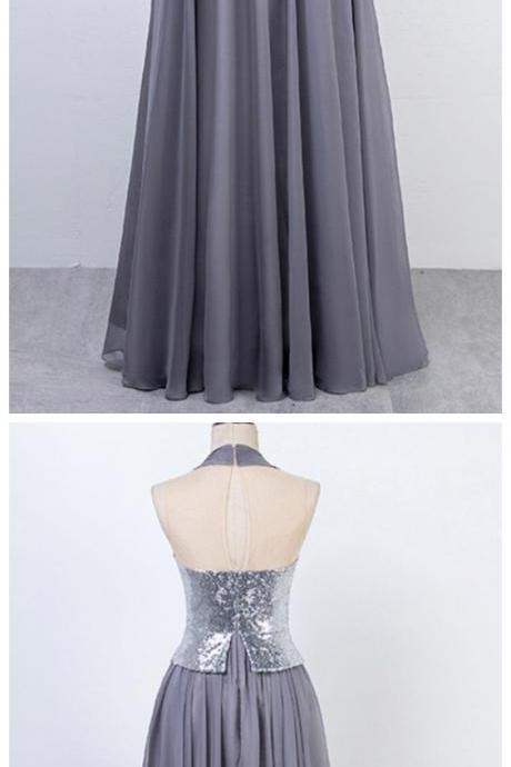 Ruby Outfit Silver Long Prom Dresses Halter Sequins Chiffon Evening Party Gown