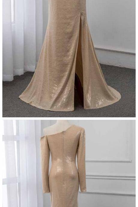 Ruby Outfit 2020 One Shoulder Long Sleeve Prom Dresses Formal Evening Gown Dress Champagne Sequins