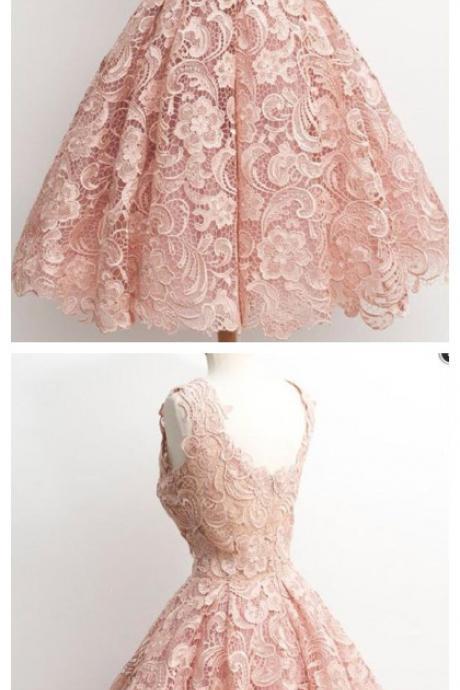 Ruby Outfit A Line Blush Pink Lace homecoming dress,Tea Length Prom Dress