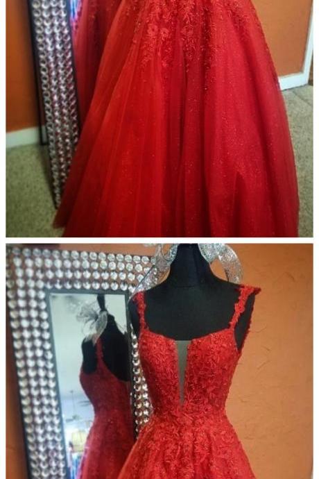 Ruby Outfit Elegant Tulle Red Appliques Beads Prom Dress, Formal Evening Gown