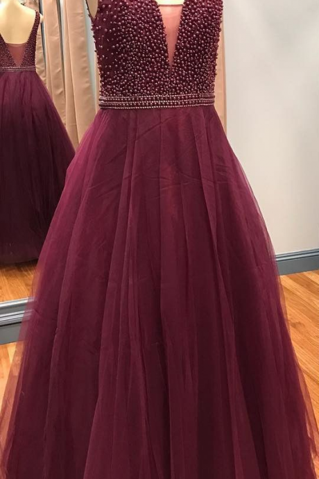 Ruby Outfit Charming V Neck Burgundy Tulle Long Prom Dress With Pearls, Evening Dress