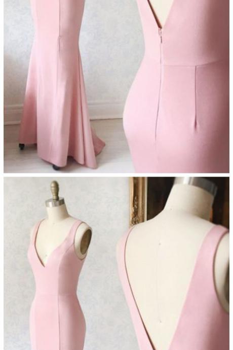Simple Pink V-neck Mermaid Formal Dress,straps Pink Prom Dress