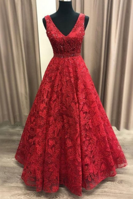 Charming Red V-neck Lace Beaded Prom Dresses,a-line Sleeveless Evening Party Gowns