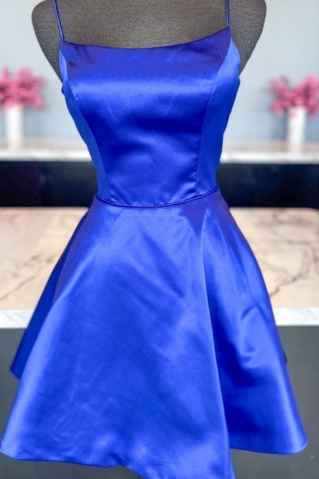 Royal Blue A-line Short Satin Prom Dress Homecoming Dress